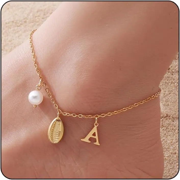 Gold Ankle Bracelet for Women, 14K Gold Plated Waterproof Seashell Initial Anklets, Summer Jewelry Gifts for Women
