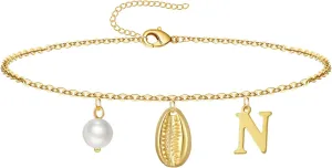 Gold Ankle Bracelet for Women, 14K Gold Plated Waterproof Seashell Initial Anklets, Summer Jewelry Gifts for Women