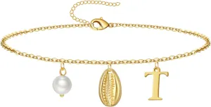 Gold Ankle Bracelet for Women, 14K Gold Plated Waterproof Seashell Initial Anklets, Summer Jewelry Gifts for Women