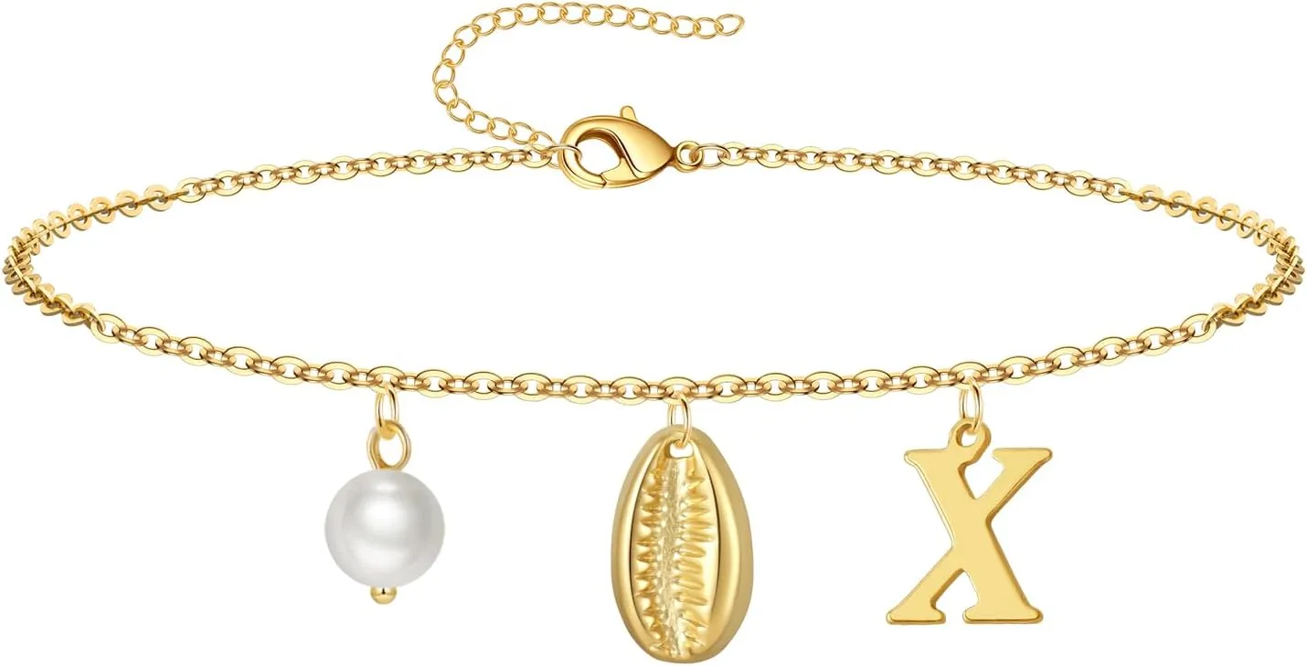 Gold Ankle Bracelet for Women, 14K Gold Plated Waterproof Seashell Initial Anklets, Summer Jewelry Gifts for Women