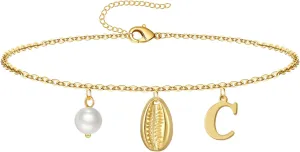 Gold Ankle Bracelet for Women, 14K Gold Plated Waterproof Seashell Initial Anklets, Summer Jewelry Gifts for Women