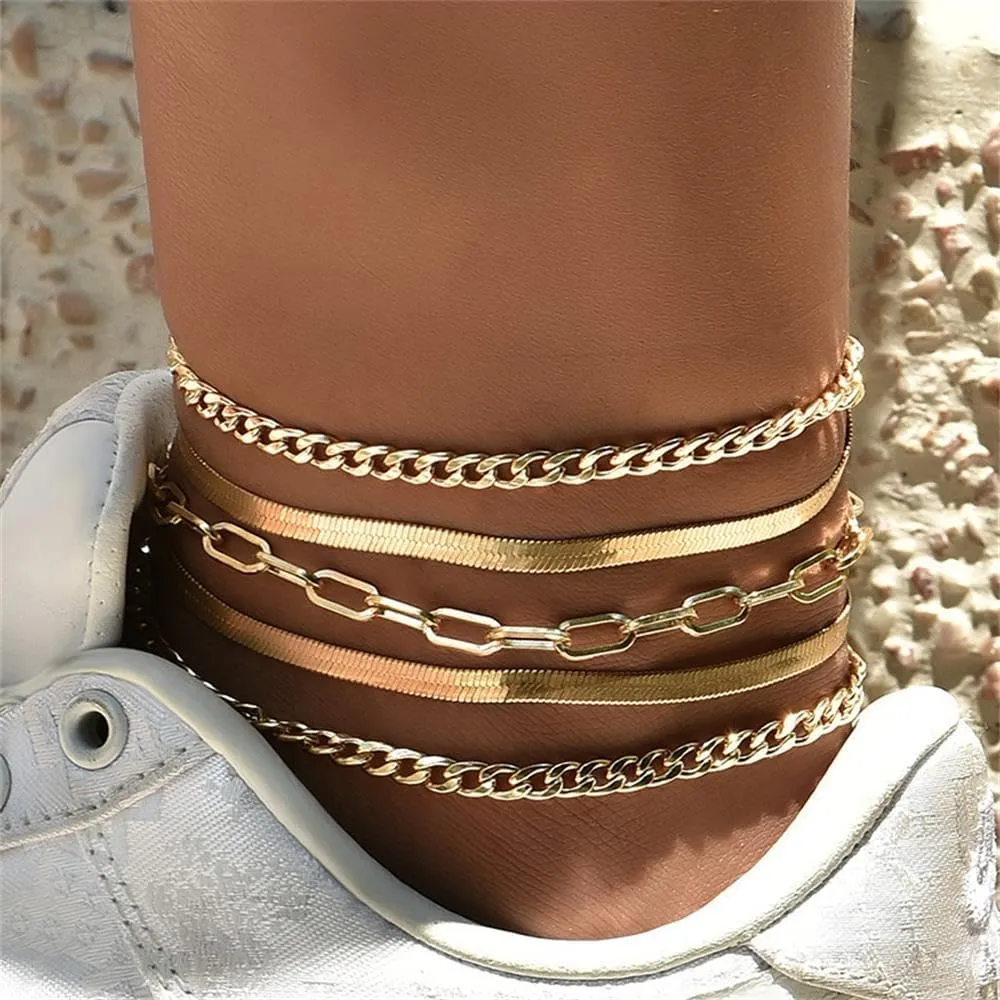 Gold Ankle Bracelets Dainty Layered Adjustable Anklet Cuban Link Chain Anklets Set Butterfly Herringbone Paperclip Beach Stackable Anklet for Women Girls