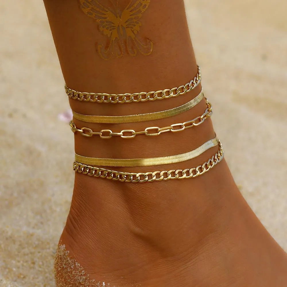 Gold Ankle Bracelets Dainty Layered Adjustable Anklet Cuban Link Chain Anklets Set Butterfly Herringbone Paperclip Beach Stackable Anklet for Women Girls