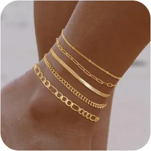 Gold Ankle Bracelets for Women, 14K Gold Anklets for Women Waterproof Snake Figaro Cuban Link Chain Anklets Set Chunky Thin Layered Dainty Anklet for Women Gold Jewelry Gifts