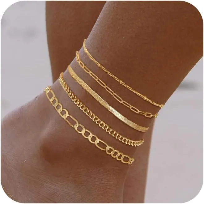 Gold Ankle Bracelets for Women, 14K Gold Anklets for Women Waterproof Snake Figaro Cuban Link Chain Anklets Set Chunky Thin Layered Dainty Anklet for Women Gold Jewelry Gifts