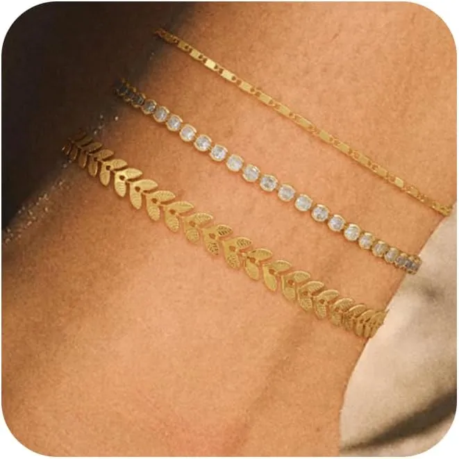 Gold Anklets for Women Waterproof 14k Gold Plated Cuban Link Anklets Non Tarnish Rope Herringbone Ankle Chain Summer Beach Jewelry Gifts for Women