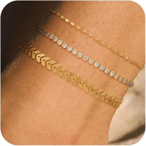 Gold Anklets for Women Waterproof 14k Gold Plated Cuban Link Anklets Non Tarnish Rope Herringbone Ankle Chain Summer Beach Jewelry Gifts for Women