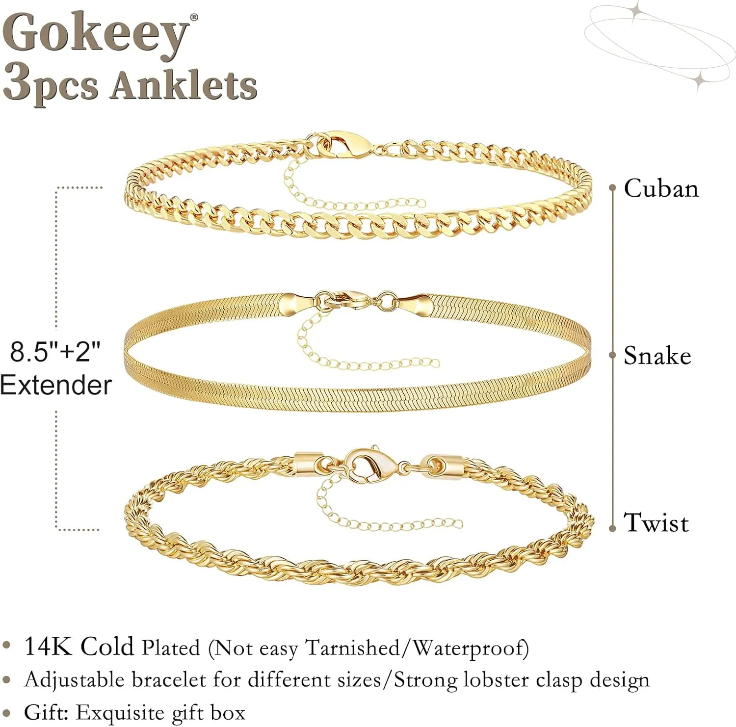 Gold Anklts for Women,14k Gold Plated Ankle Bracelets for Women, Waterproof Layered Cuban Figaro Link Chain Anklets Set Gold Anklets Jewelry Gift Adjustable Size