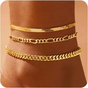 Gold Anklts for Women,14k Gold Plated Ankle Bracelets for Women, Waterproof Layered Cuban Figaro Link Chain Anklets Set Gold Anklets Jewelry Gift Adjustable Size