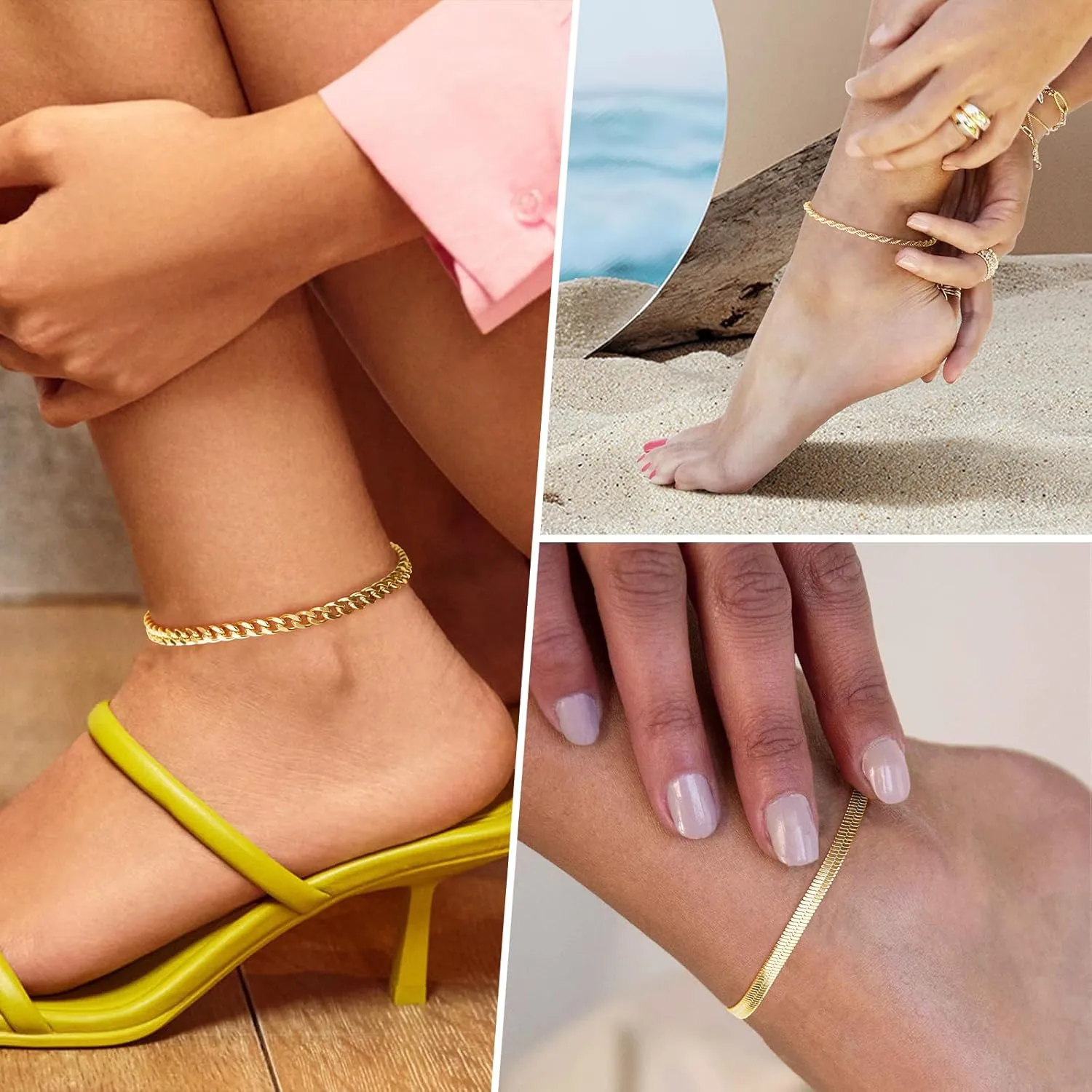 Gold Anklts for Women,14k Gold Plated Ankle Bracelets for Women, Waterproof Layered Cuban Figaro Link Chain Anklets Set Gold Anklets Jewelry Gift Adjustable Size
