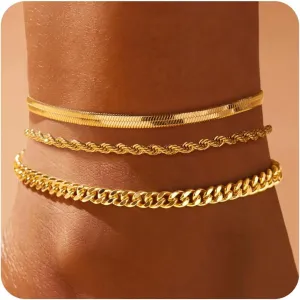 Gold Anklts for Women,14k Gold Plated Ankle Bracelets for Women, Waterproof Layered Cuban Figaro Link Chain Anklets Set Gold Anklets Jewelry Gift Adjustable Size