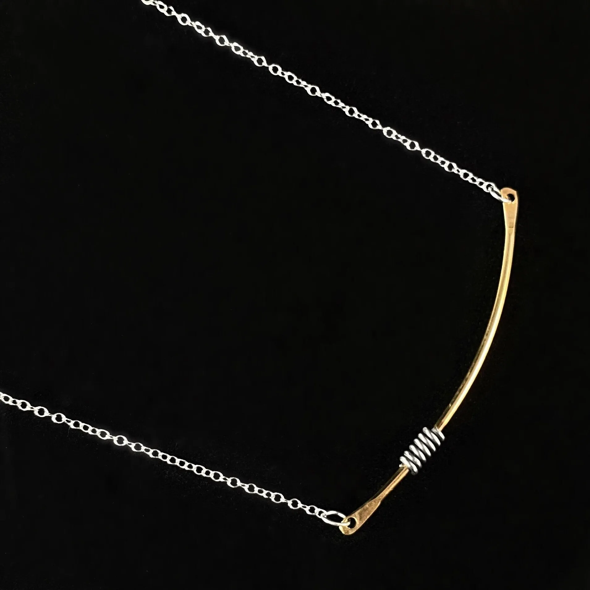 Gold Curved Bar Necklace with Silver Coils, Handmade - Recycled Materials