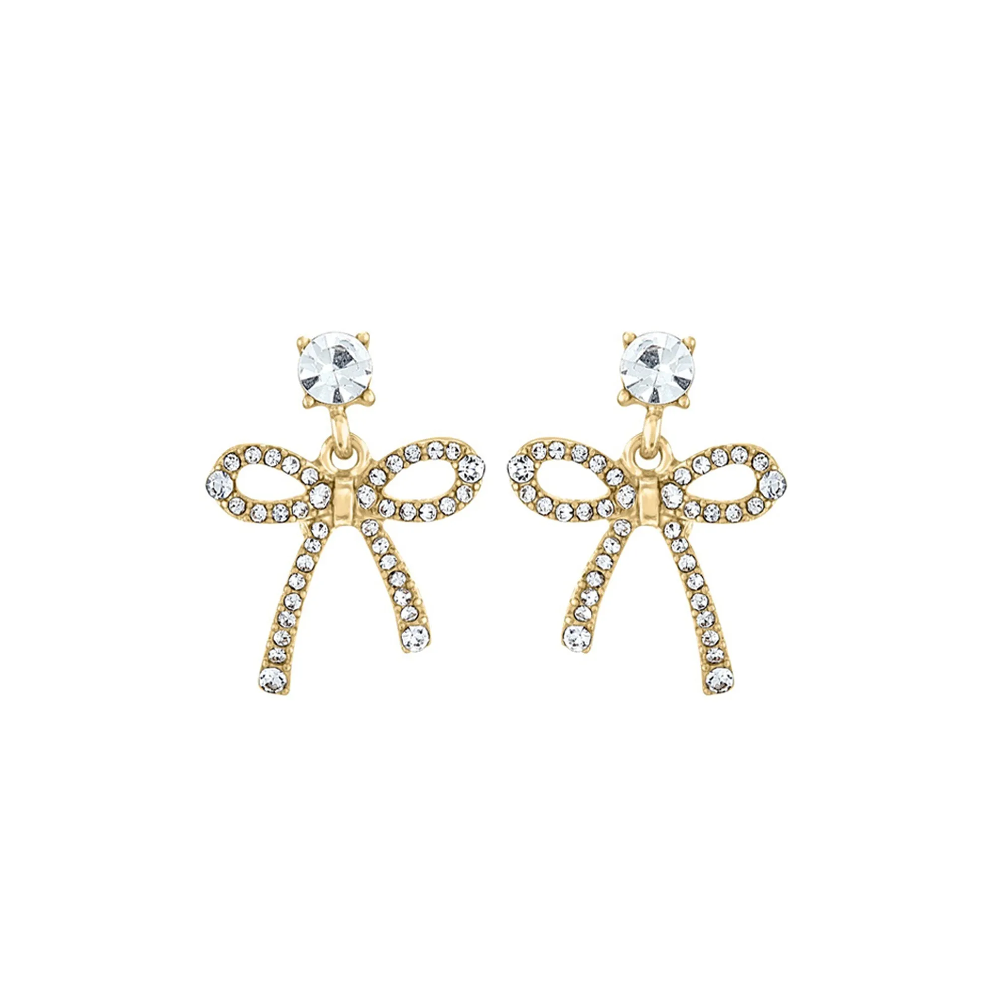 Gold Diamante Stud Bow Drop Earrings