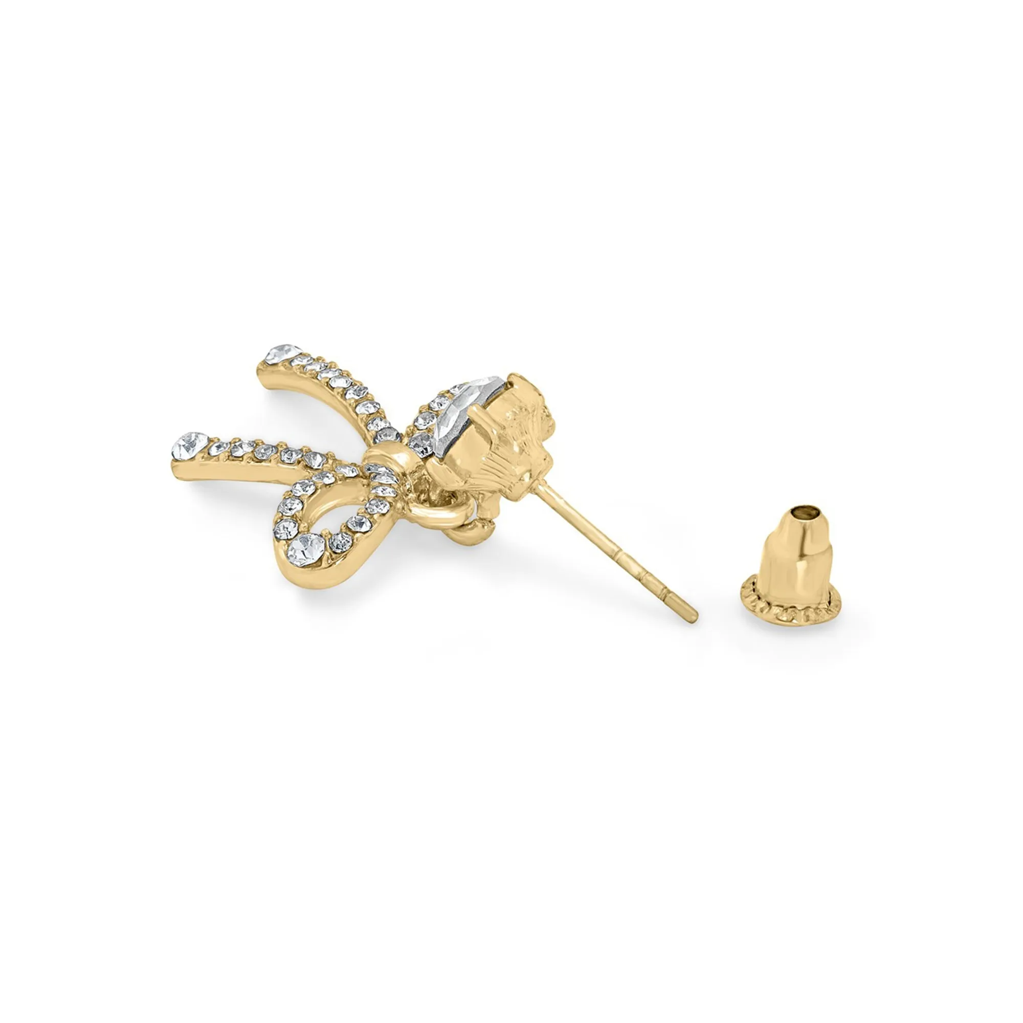Gold Diamante Stud Bow Drop Earrings