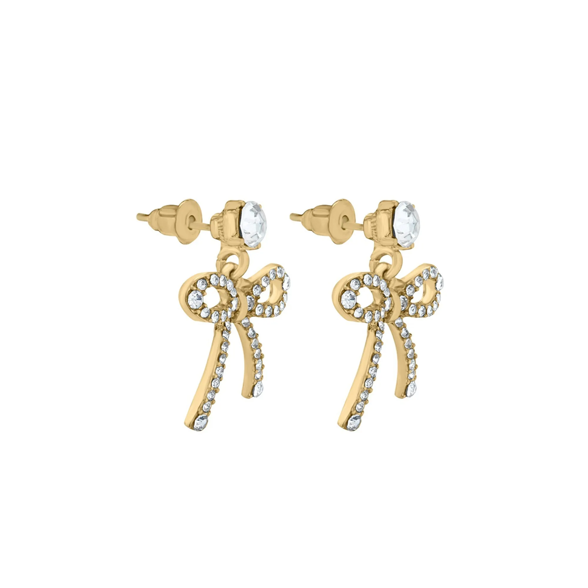 Gold Diamante Stud Bow Drop Earrings