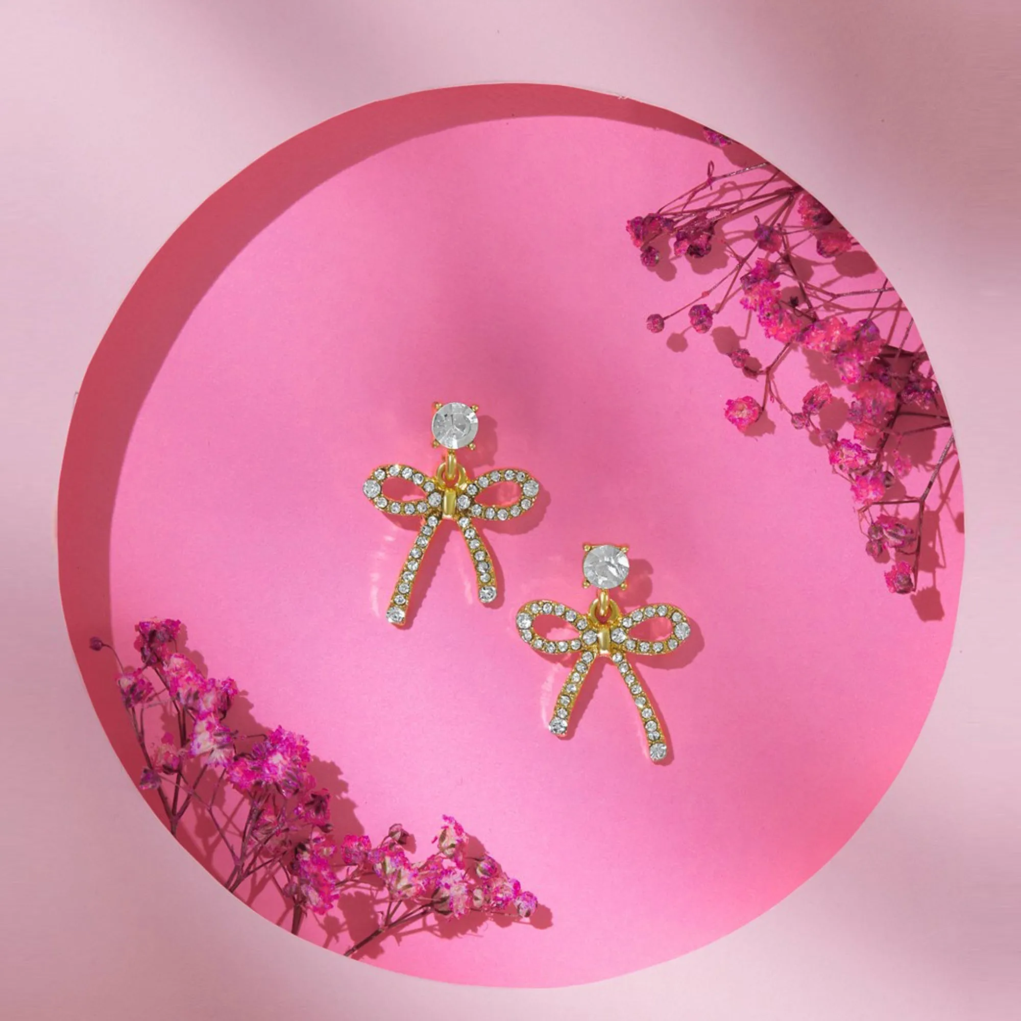 Gold Diamante Stud Bow Drop Earrings