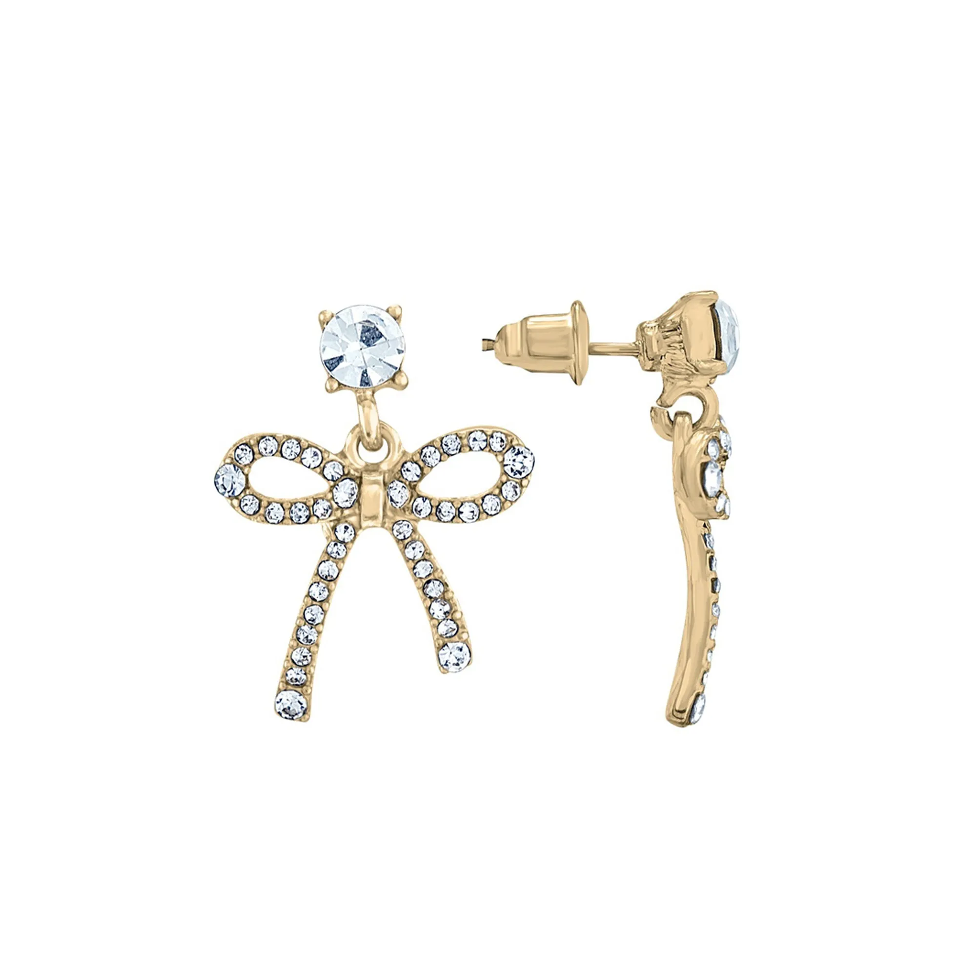 Gold Diamante Stud Bow Drop Earrings