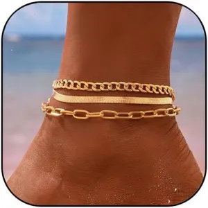 Gold Layered Ankle Bracelets for Women Adjustable Paperclip Layered Anklets Thick Dainty Stackable Cuban Link Paperclip Chain Anklets Stack Set Jewelry for Women