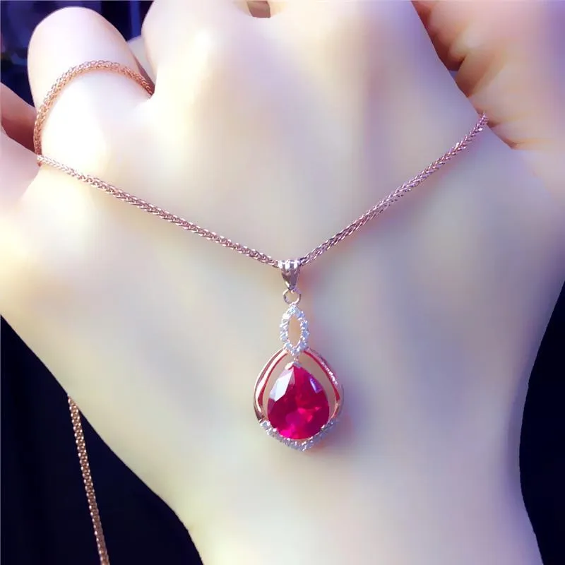 gold plated 14K rose gold inlaid ruby water drop necklace for women