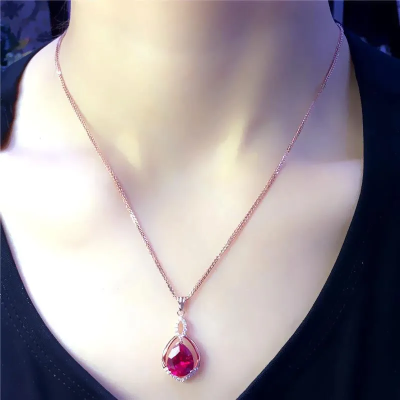 gold plated 14K rose gold inlaid ruby water drop necklace for women