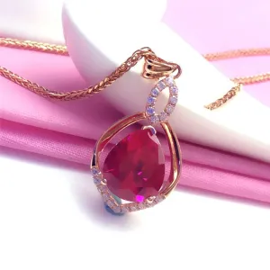 gold plated 14K rose gold inlaid ruby water drop necklace for women