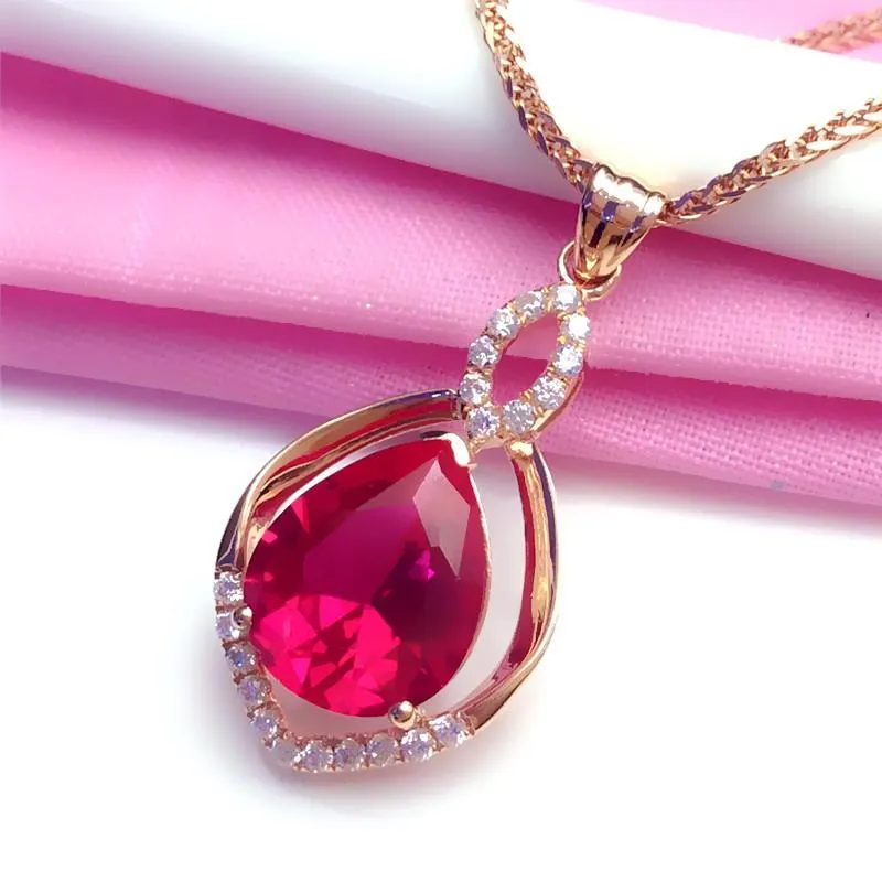 gold plated 14K rose gold inlaid ruby water drop necklace for women
