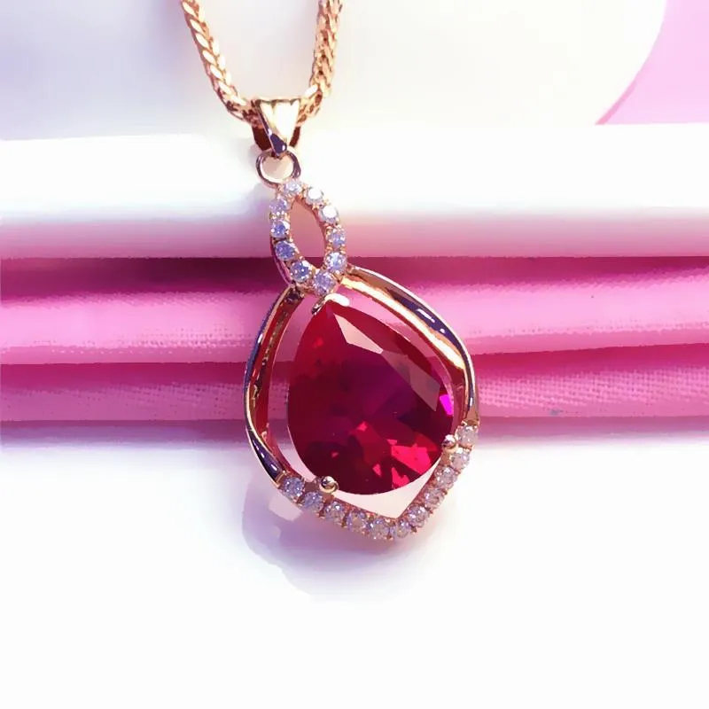 gold plated 14K rose gold inlaid ruby water drop necklace for women