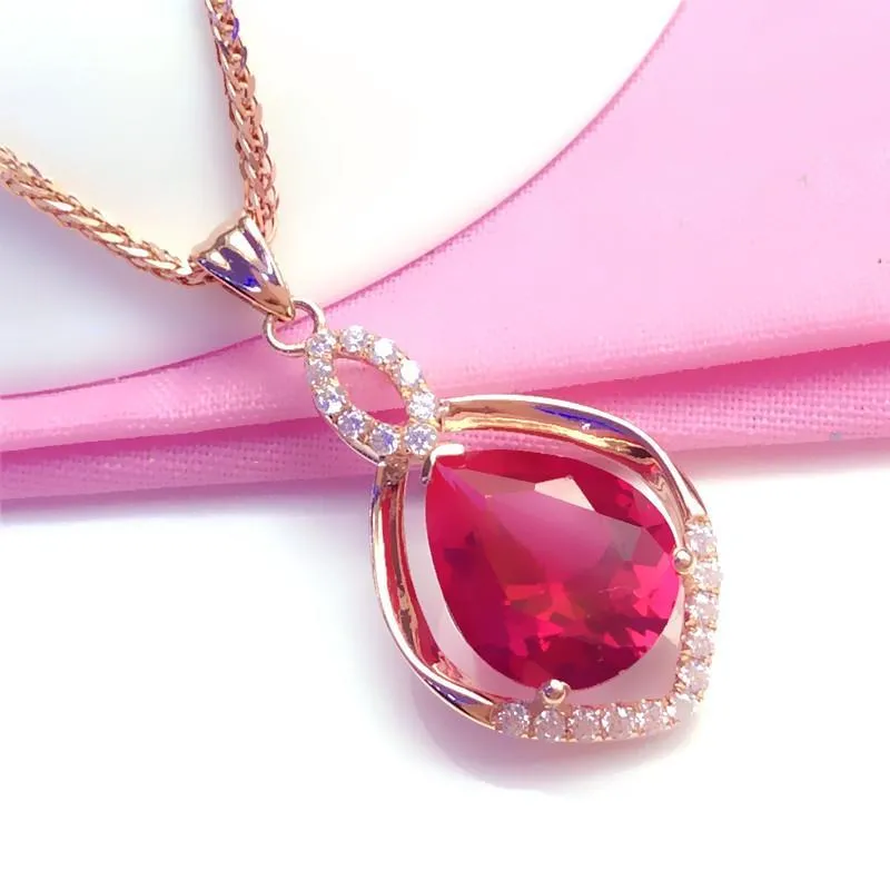 gold plated 14K rose gold inlaid ruby water drop necklace for women