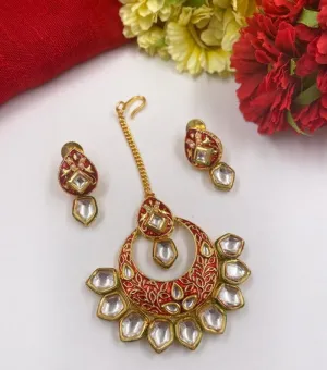 Gold Plated Red Meenakari Kundan Maang Tikka With Earrings By Gehna Shop
