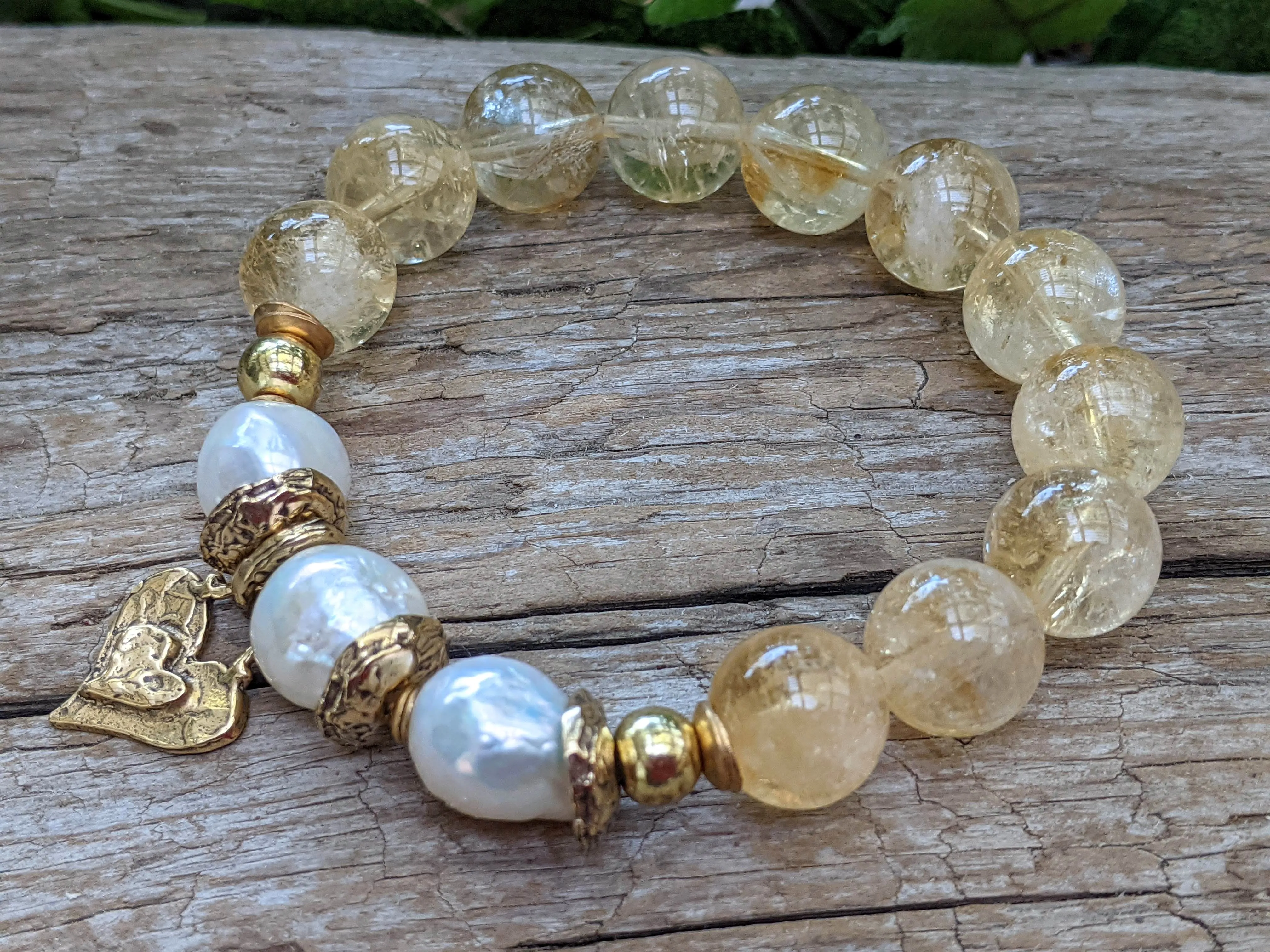 Golden Citrine & White Edison Pearl Bracelet