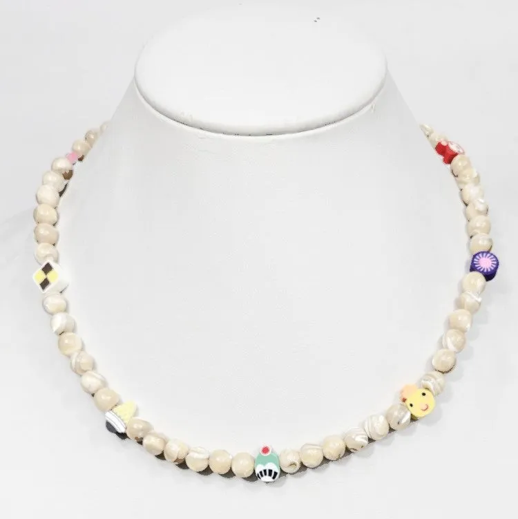 Gray Baroque Freshwater Pearl Necklace with Assorted Smiley Cat Face Beads