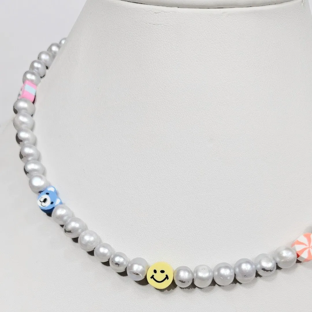 Gray Baroque Freshwater Pearl Necklace with Assorted Smiley Cat Face Beads