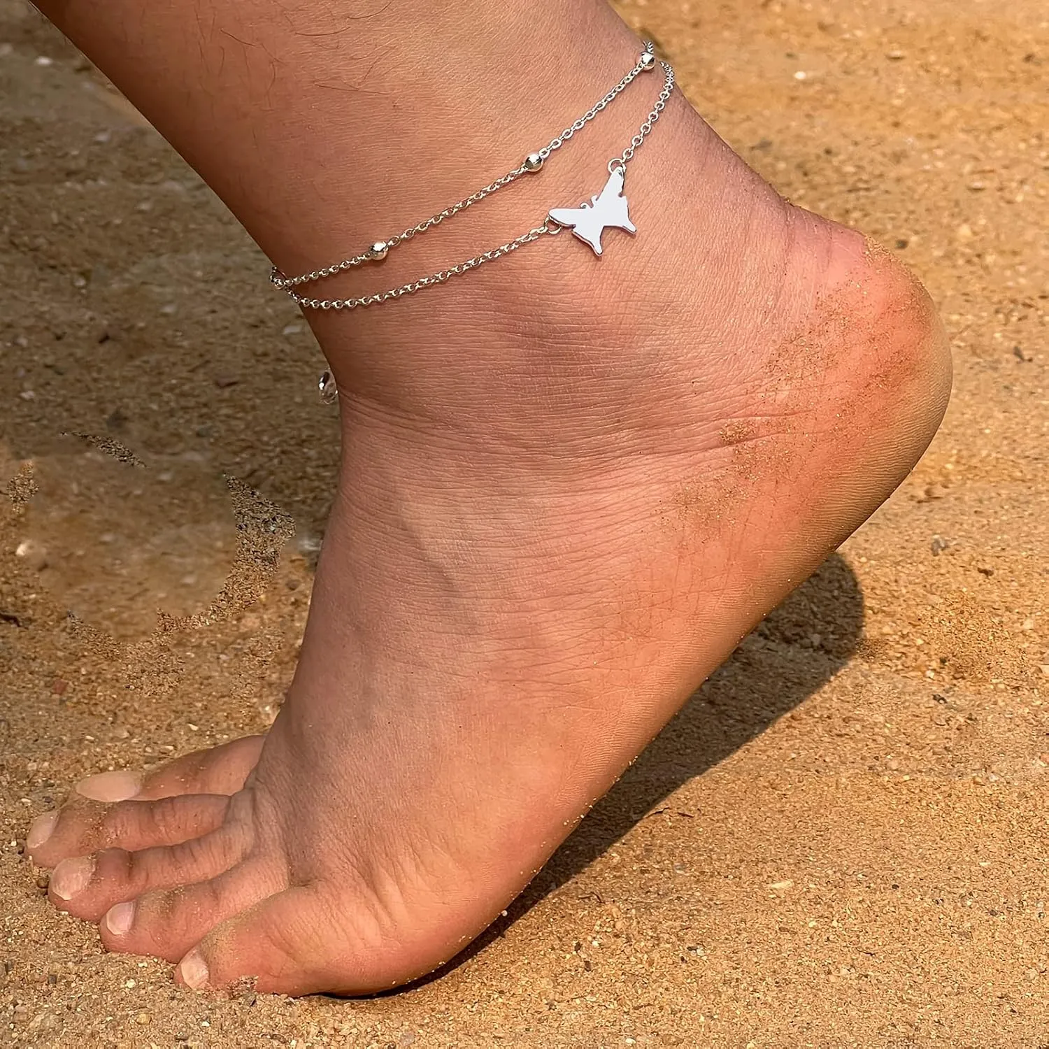 Initial Ankle Bracelets for Women Girls, 14K Gold/Silver Stainless Steel Handmade Layered Letter Foot Chain Bracelets, Star Butterfly Cubic Zirconia Letter Ankle Bracelet for Beach