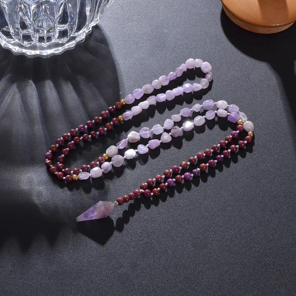 Irregular Natural Amethyst Bead Knot 108 Mala Necklace Meditation Yoga Prayer