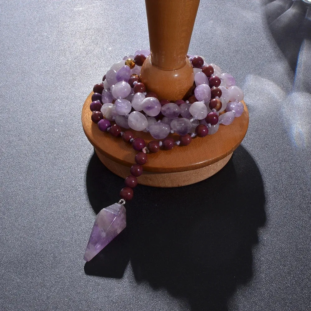 Irregular Natural Amethyst Bead Knot 108 Mala Necklace Meditation Yoga Prayer