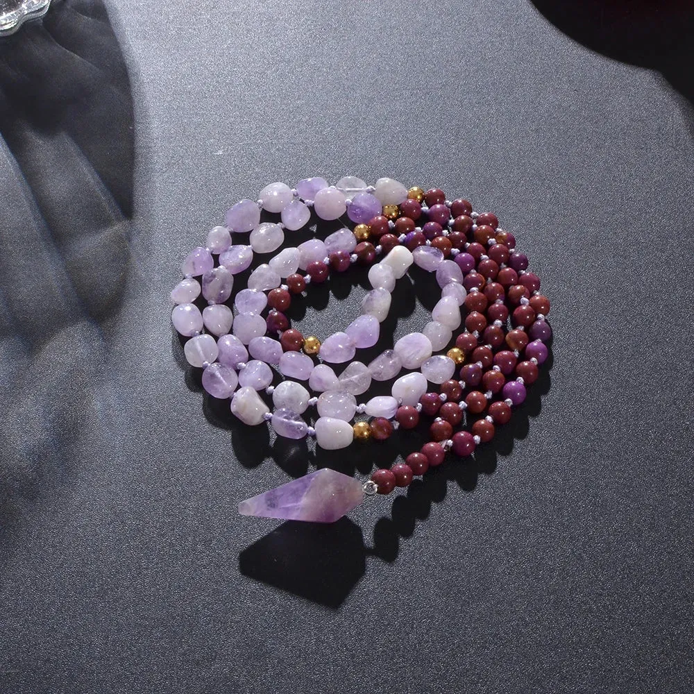 Irregular Natural Amethyst Bead Knot 108 Mala Necklace Meditation Yoga Prayer