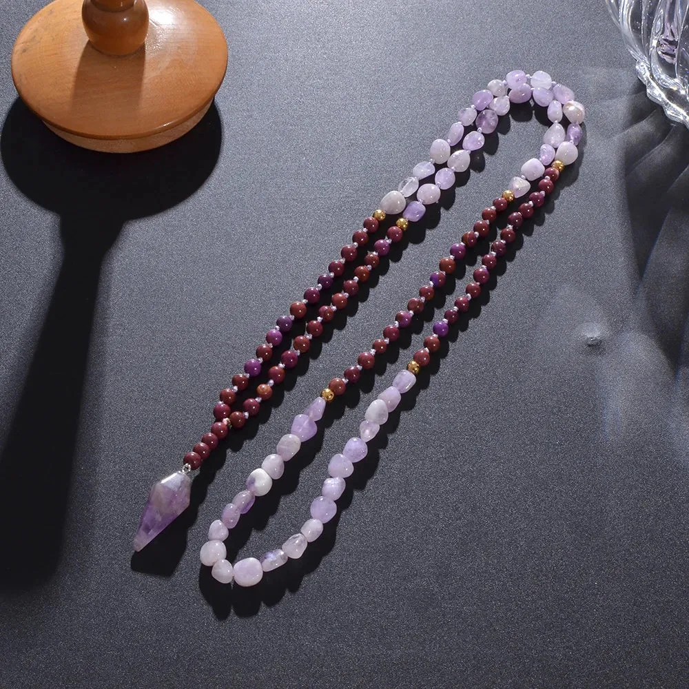 Irregular Natural Amethyst Bead Knot 108 Mala Necklace Meditation Yoga Prayer
