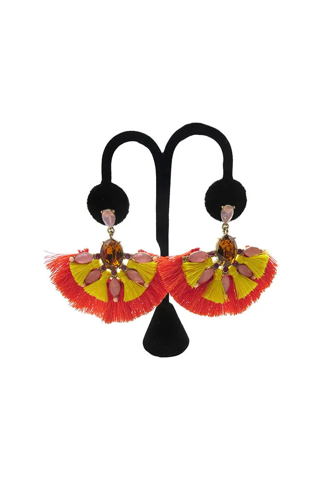 Jeweled Fan Tassel Earrings Orange Multi