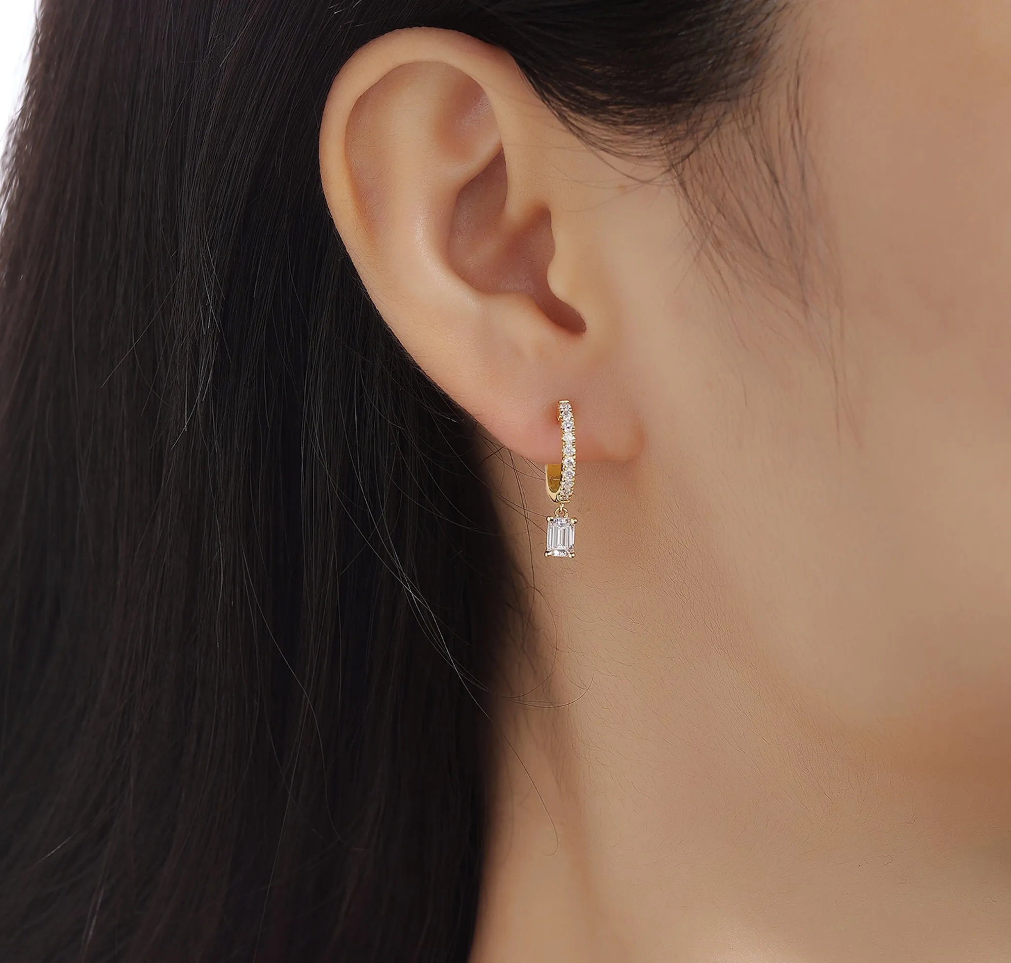 Lab Grown Diamond 0.85ct Emerald Dangling hoop Earrings