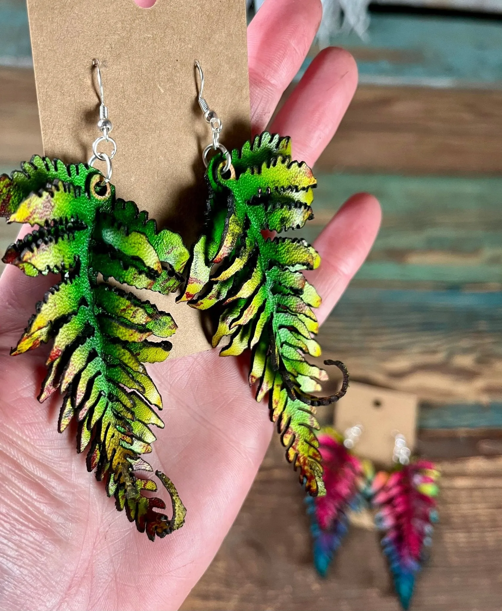 Large Fern Leather Earrings- Green