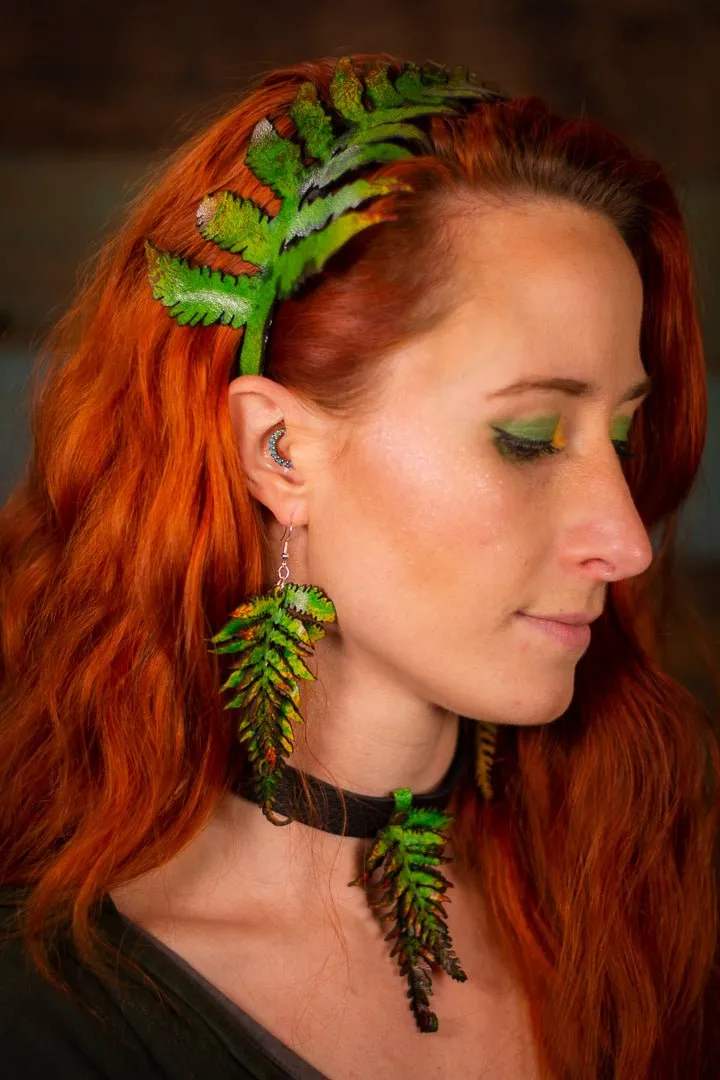 Large Fern Leather Earrings- Green