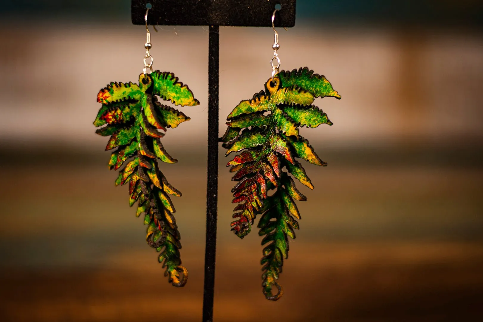 Large Fern Leather Earrings- Green