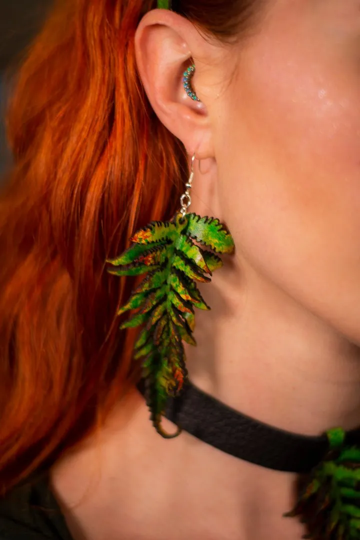 Large Fern Leather Earrings- Green