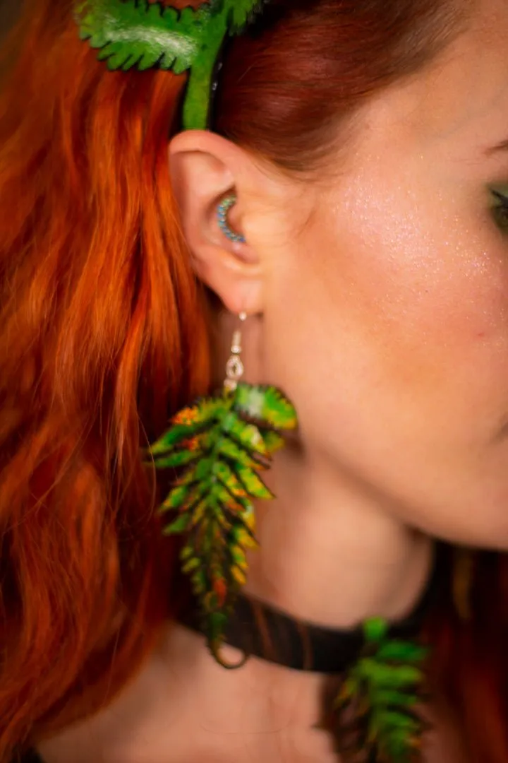 Large Fern Leather Earrings- Green