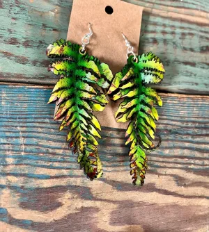 Large Fern Leather Earrings- Green