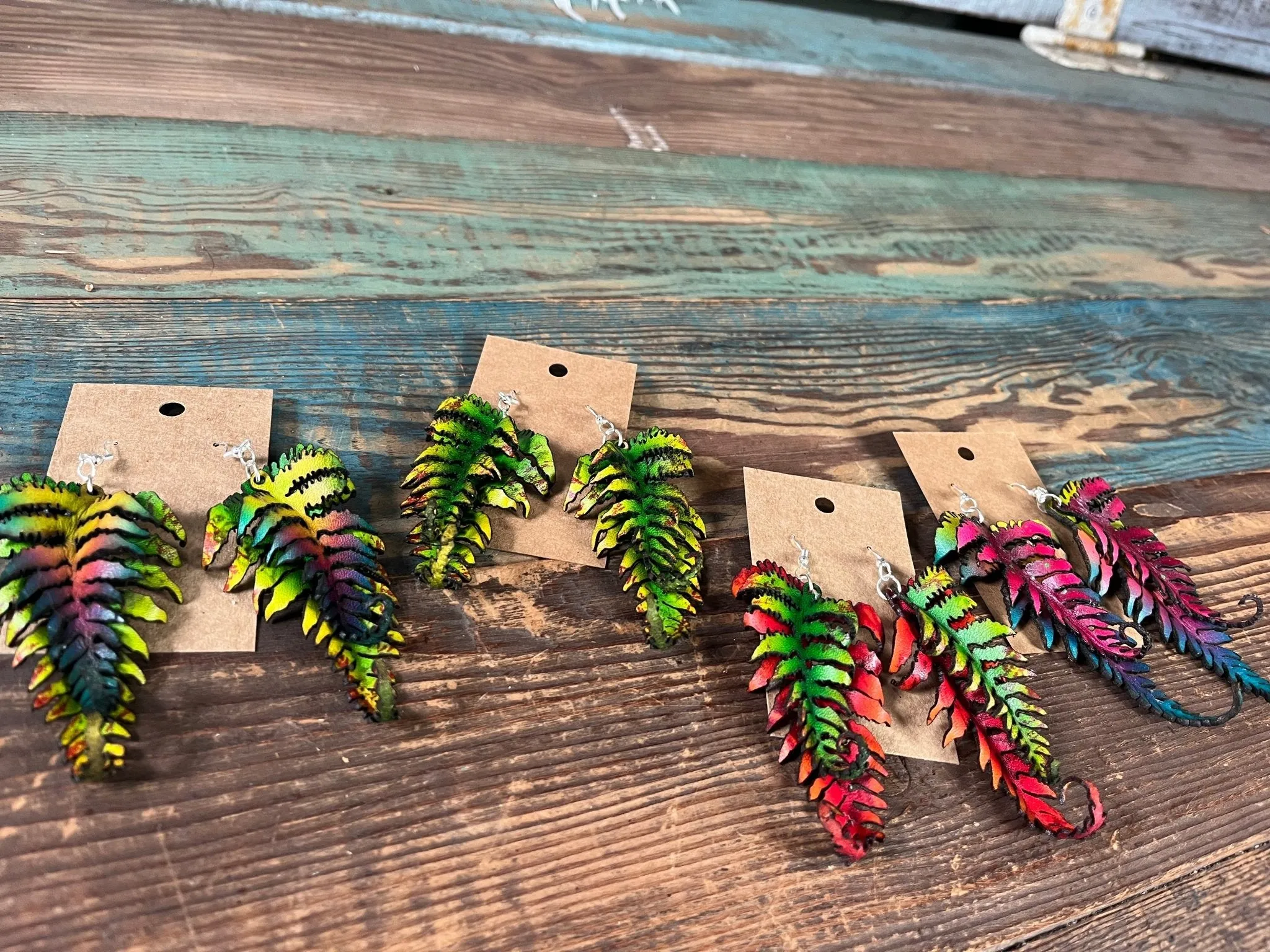 Large Fern Leather Earrings- Red & Green
