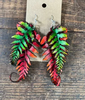 Large Fern Leather Earrings- Red & Green