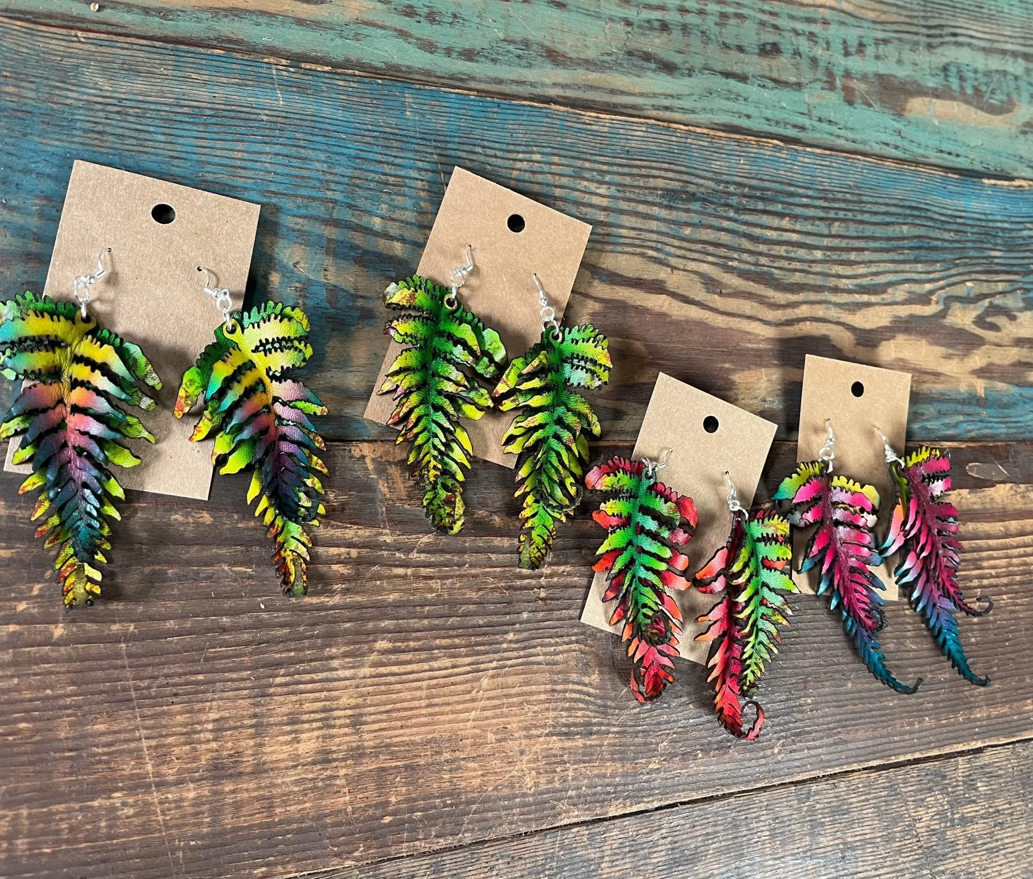 Large Fern Leather Earrings- Red & Green