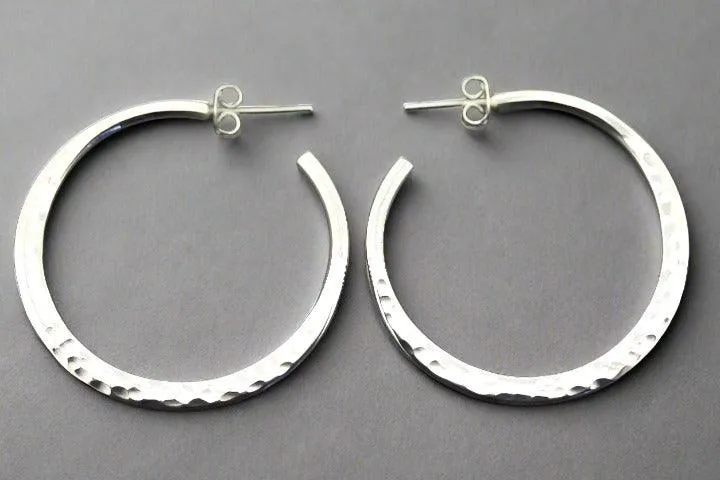 Large flattened & hammered hoop - sterling silver