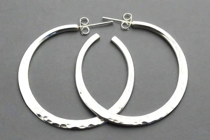 Large flattened & hammered hoop - sterling silver